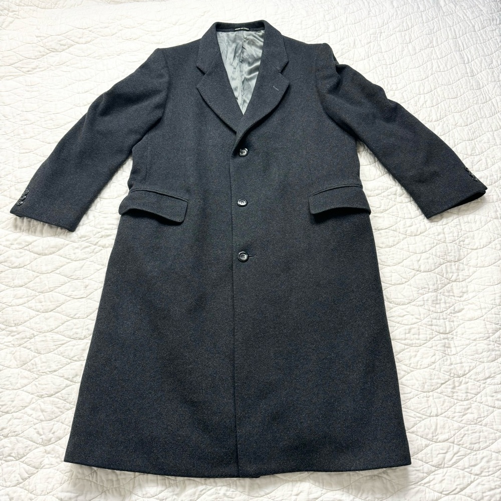 Mens Henry James Ltd Vtg Italy Cashmere Wool Three Button Long Overcoat Gray 42R